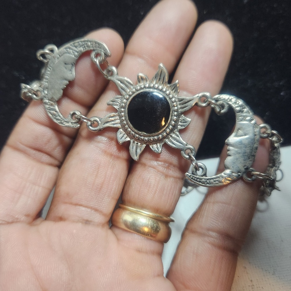Celestial Sun Moon Link Bracelet Silver Tone Black Cabochon Boho Mystical - Picture 3 of 14